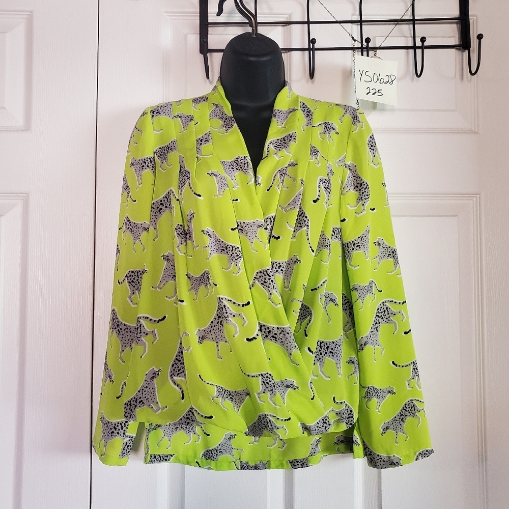 Ann Taylor Wrap Long Sleeves Blouse Cheetah Lime Green Hi-lo Pullover Size XS